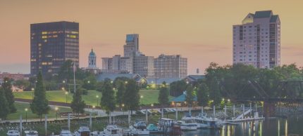Augusta, Georgia downtown and marina at sunset